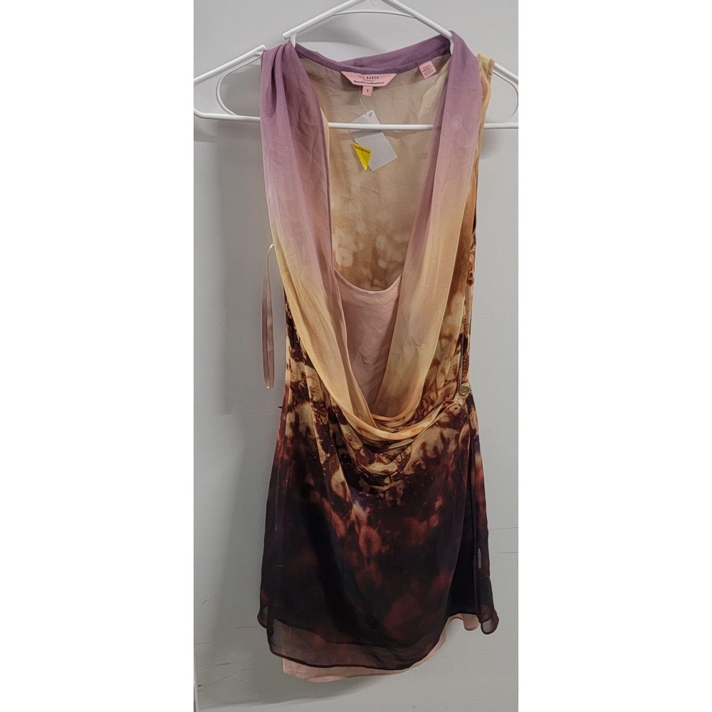 Ted Baker Dress Womens 1 Brown Floral Chiffon Cowl Neck Sleeveless Sheath Mini